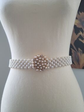 3/$30 Pearl Multi-Strand Belt with Floral Crystal Clasp - White